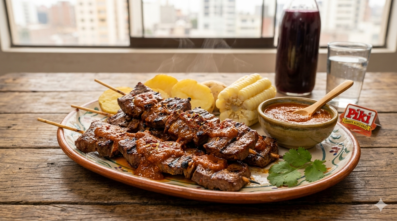 Anticuchos con salsa de ají panca
